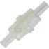 Clear plastic one-way check valve with cylindrical shape, barbed ends for tubing attachment, and a slightly wider central section for flow direction control. © 2025 1st-line.com