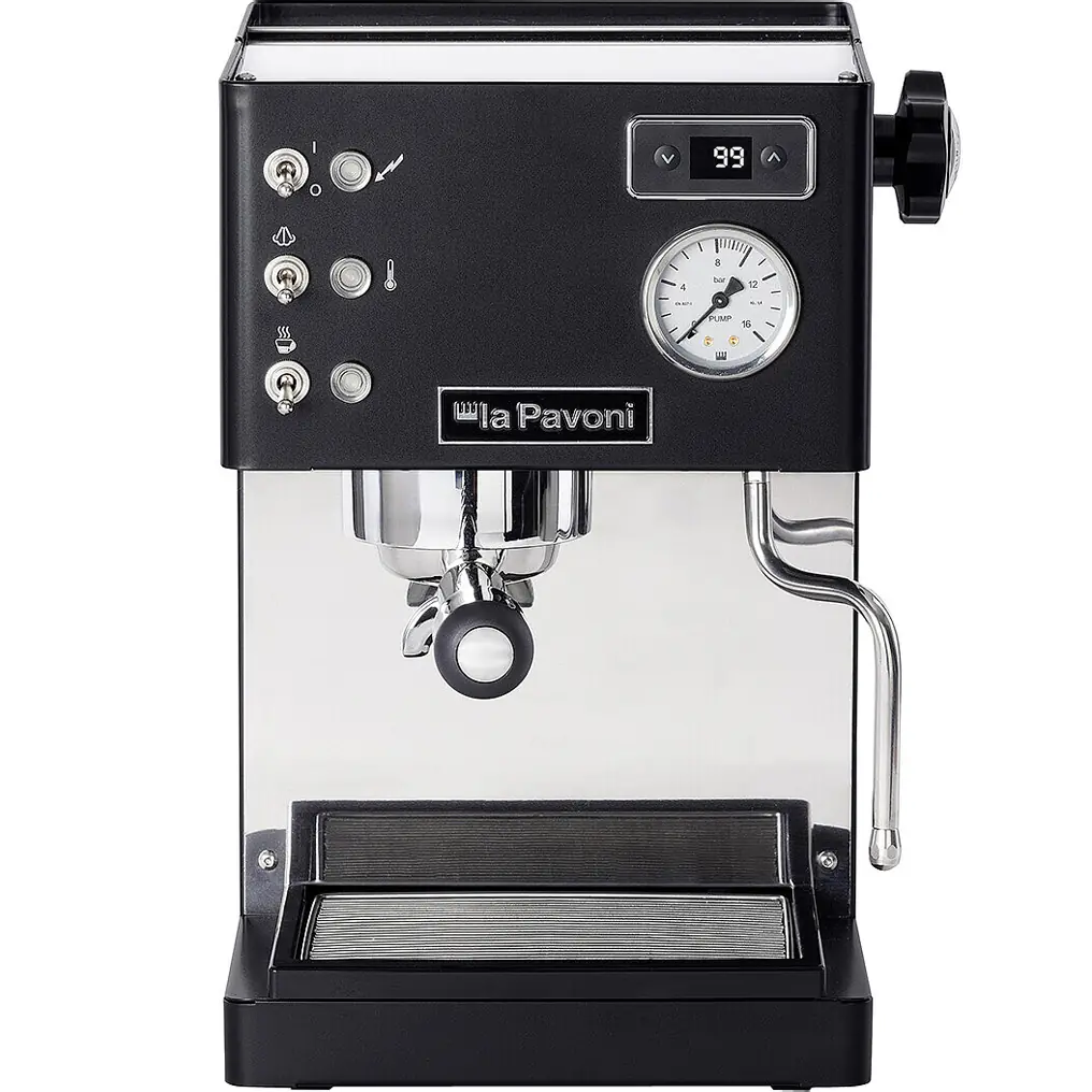 The La Pavoni Casabar PID Espresso Machine is black with silver accents, featuring control buttons, a pressure gauge, a right-side steam wand, and a bottom drip tray.