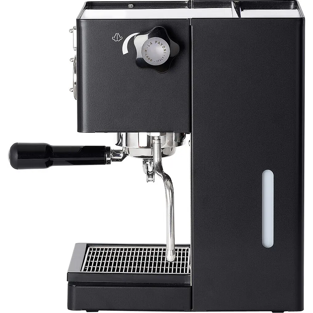 The La Pavoni Casabar PID Espresso Machine features a sleek, minimalist design with clean lines, a side water tank, steam wand, and a front-facing portafilter handle.