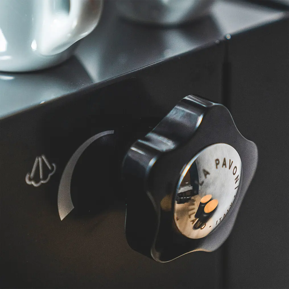 Close-up of the black steam knob on the La Pavoni Casabar PID Espresso Machine, featuring a small engraved steam symbol and a cup partially visible on top—a classic detail espresso enthusiasts appreciate.