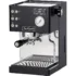 The La Pavoni Casabar PID Espresso Machine boasts control buttons, a pressure gauge, a portafilter handle, and a steel drip tray. Its boxy modern design is enhanced by reflective side panels for a sleek appearance.
