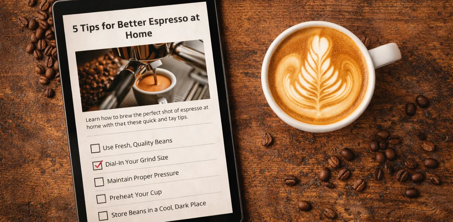 A tablet displays espresso-making tips from an espresso blog beside a cup of latte with heart latte art, all on a wooden surface with scattered coffee beans. The checklist on the tablet has Dial-In Your Grind Size ticked.