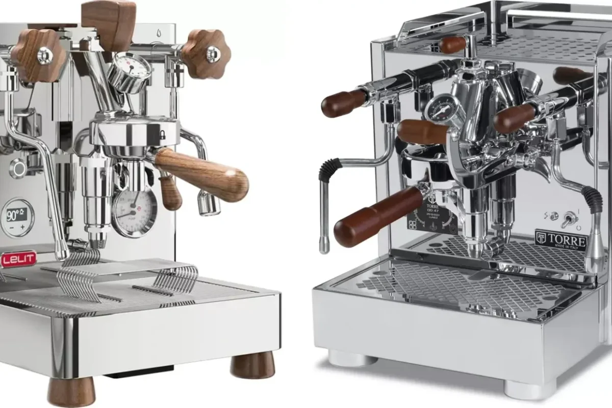 Two shiny stainless steel espresso machines with wooden handles are displayed side by side, featuring gauges, levers, and steam wands. Perfect for any espresso blog or for those seeking expert coffee tips and a modern, professional design.