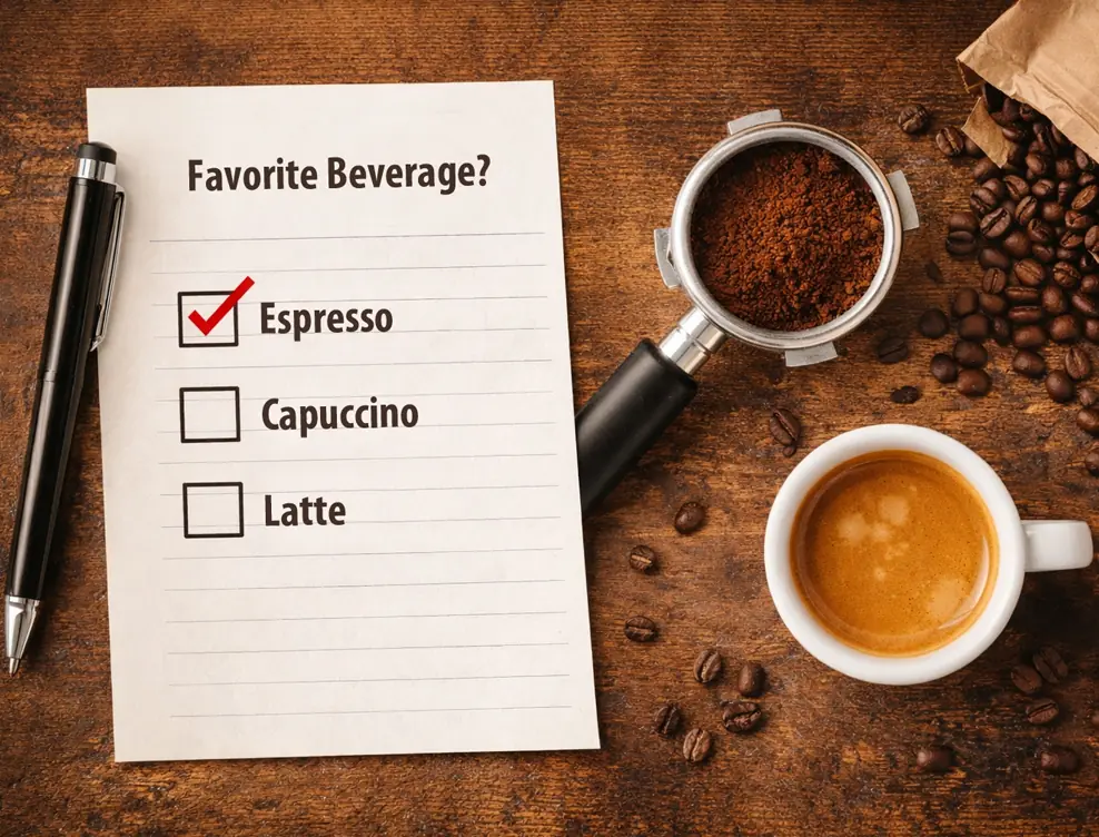 A checklist on paper asks “Favorite Beverage?” with options: Espresso (checked), Cappuccino, and Latte. Beside it are a pen, a portafilter with ground coffee, coffee beans, and a cup of espresso—perfect for any 1st-line Espresso Blog feature.