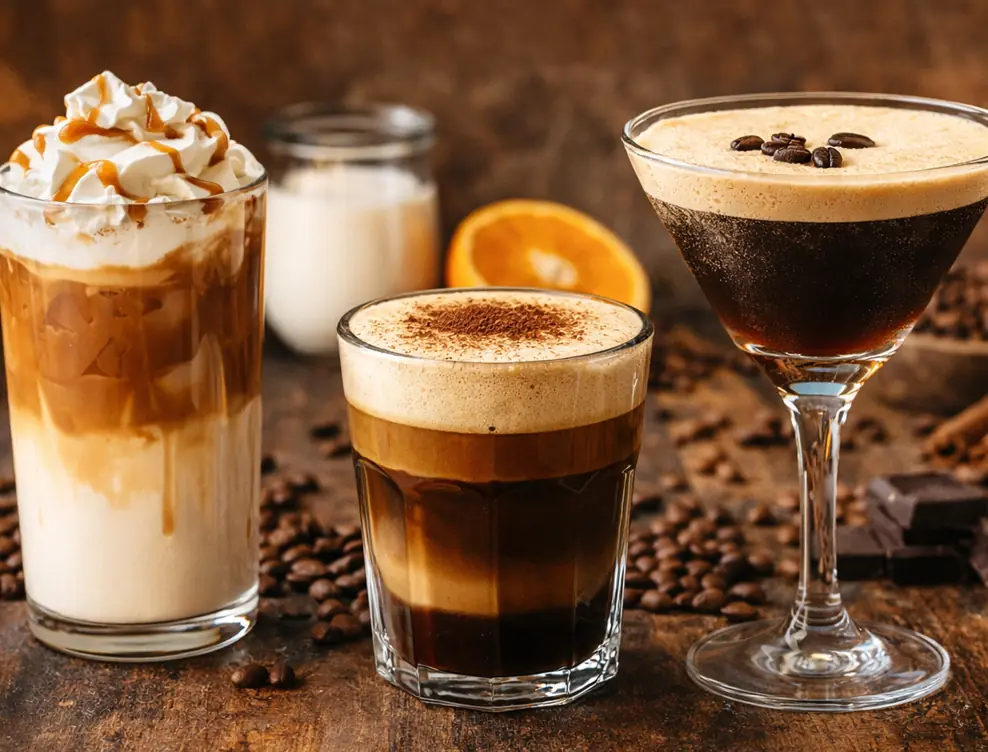 Three coffee drinks are displayed on a rustic table: an iced latte with whipped cream and caramel, a layered coffee with foam in a glass, and an espresso martini, perfect for any coffee blog, surrounded by beans and an orange slice.