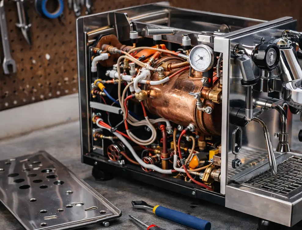 An open espresso machine with its side panel removed reveals complex internal components, pipes, wires, and a copper boiler; various tools are nearby on a workbench—a classic scene often featured on the 1st-line Espresso Blog.