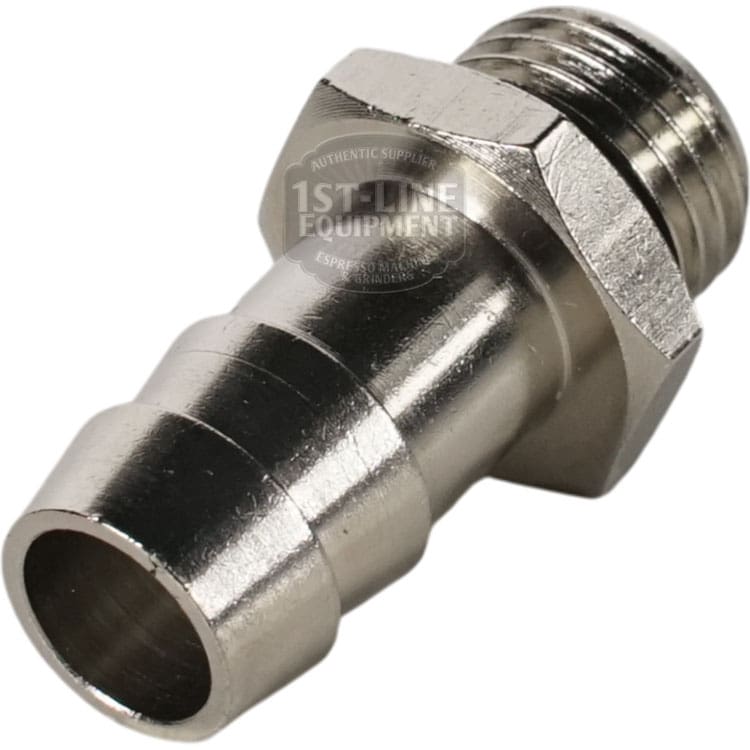 A close-up of the ACS VOS0051 Fitting with O-ring 12 1/4, showing its threaded end and ridged connector, designed for secure attachment to 1/4 hoses or pipes.