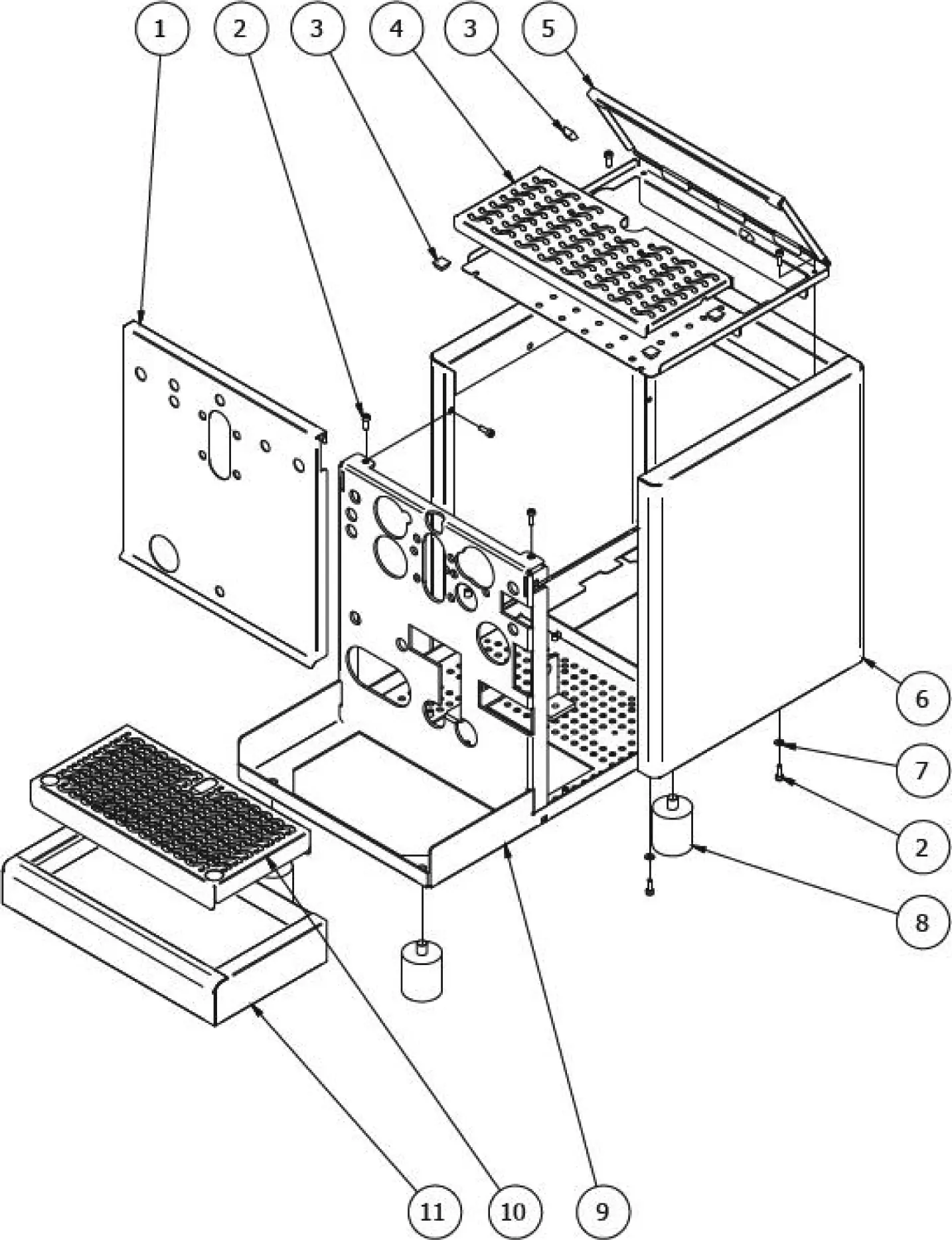 Exploded Parts Diagram of a metal box or cabinet, similar to the Bezzera Strega, showing 11 labeled parts—panels, screws, feet, and grills—with arrows indicating assembly sequence and connections between components.