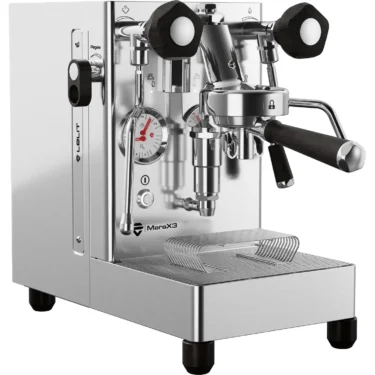 The Lelit Mara X3 HX Espresso Machine features a stainless steel body, black handles, dual gauges, steam and hot water wands, a pressure gauge, and a drip tray below the portafilter.