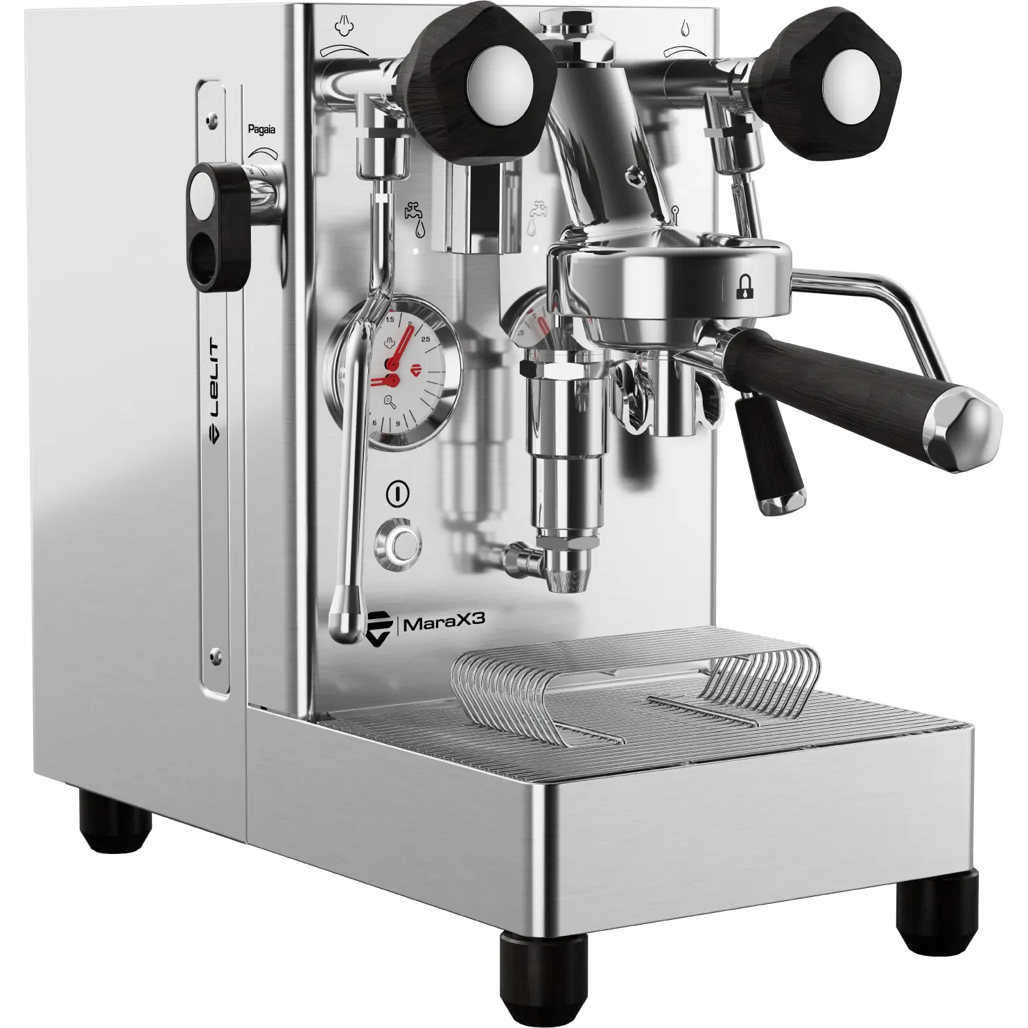 The Lelit Mara X3 HX Espresso Machine features a stainless steel body, black handles, dual gauges, steam and hot water wands, a pressure gauge, and a drip tray below the portafilter.