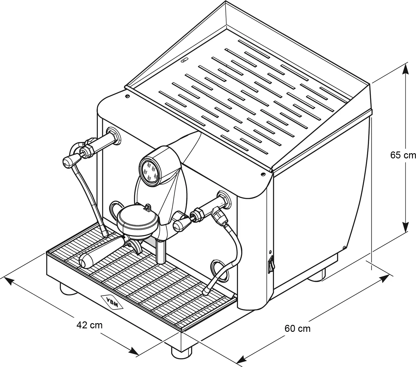 Line drawing of the VBM Lollo Electronic 1 Group HX Espresso Machine - 110V with labeled dimensions: 65 cm tall, 60 cm wide, and 42 cm deep. Features include a portafilter, pressure gauge, steam wand, and drip tray.