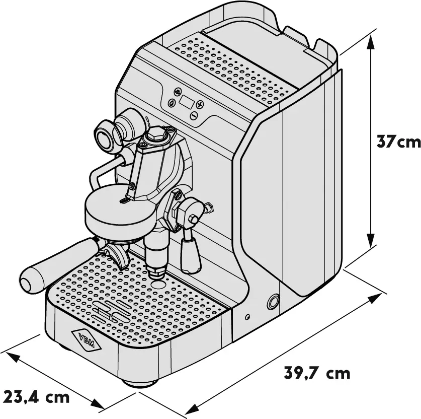 Line drawing of a VBM Domobar Single Boiler Espresso Machine, labeled as 37 cm tall, 39.7 cm deep, and 23.4 cm wide. Features include a portafilter, steam wand, and drip tray.
