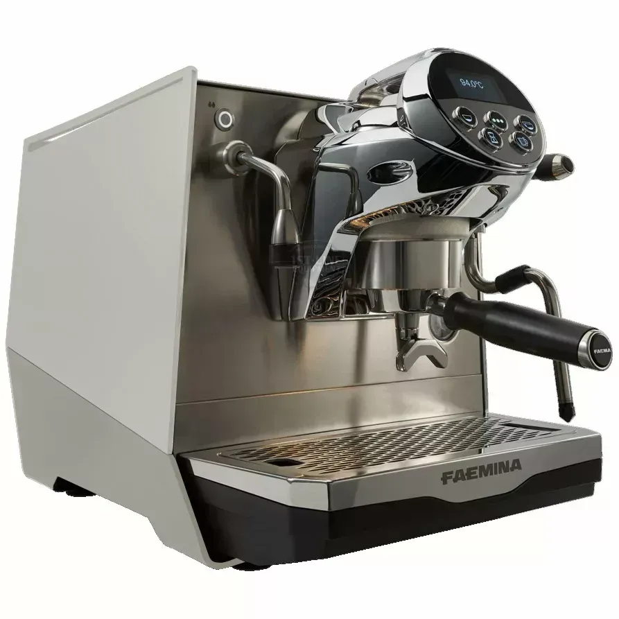Technician performing maintenance on an Italian espresso machine with tools and cleaning products