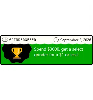 A coupon labeled GRINDEROFFER with a trophy icon offers: Spend $3000, get a select $1 Espresso Grinder or less! Also highlights the Espresso Grinder Event and shows the expiration date, September 2, 2026.