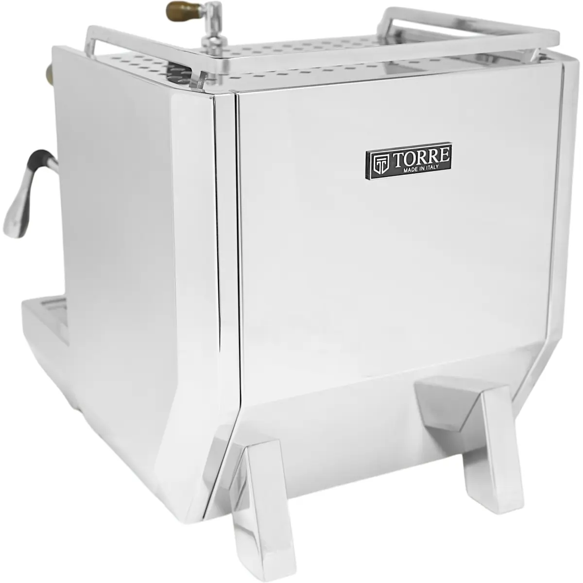 The Torre Adele Dual Boiler Espresso Machine features a shiny stainless steel, boxy design labeled "TORRE Made in Italy," sturdy legs, a side steam wand, top handle, and powerful dual boiler performance.
