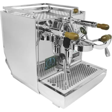 The Torre Adele Dual Boiler Espresso Machine offers shiny stainless steel construction, dual gauges, wooden handles, and a drip tray for brewing professional-quality coffee at home or in a café.