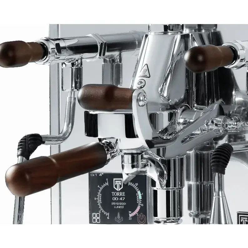 Close-up of the Torre Adele Dual Boiler Espresso Machine, highlighting its wooden handles and levers, plus a digital display with multiple settings and indicators.