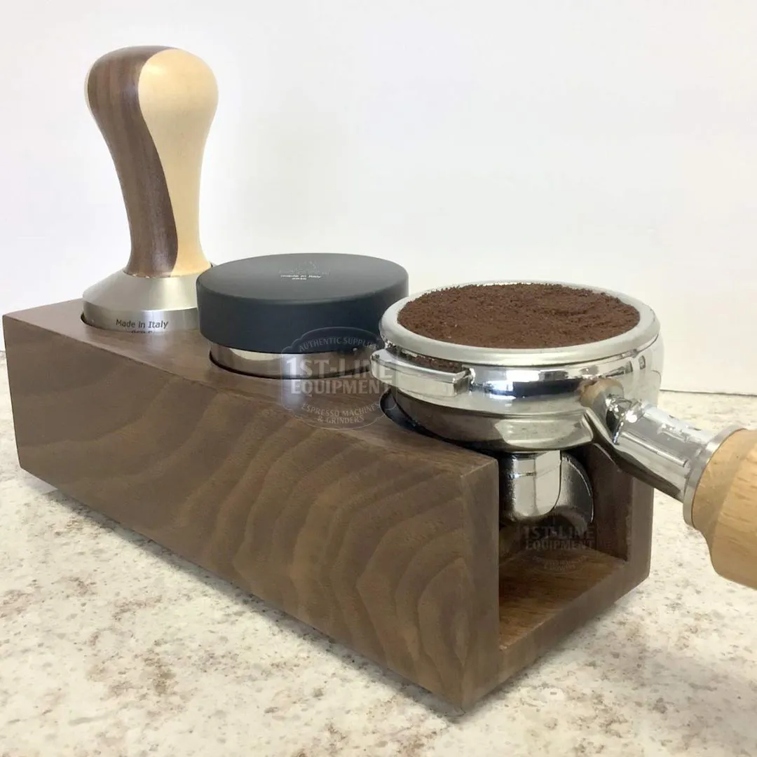 Walnut Espresso Coffee tamping station with tamper and coffee leveler and portafilter filled with ground coffee