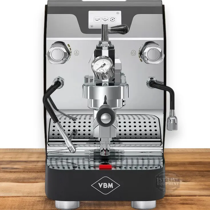 VBM Super Electronic DUAL PROFILER Dual Boiler Espresso Machine on a wood table top with a white background