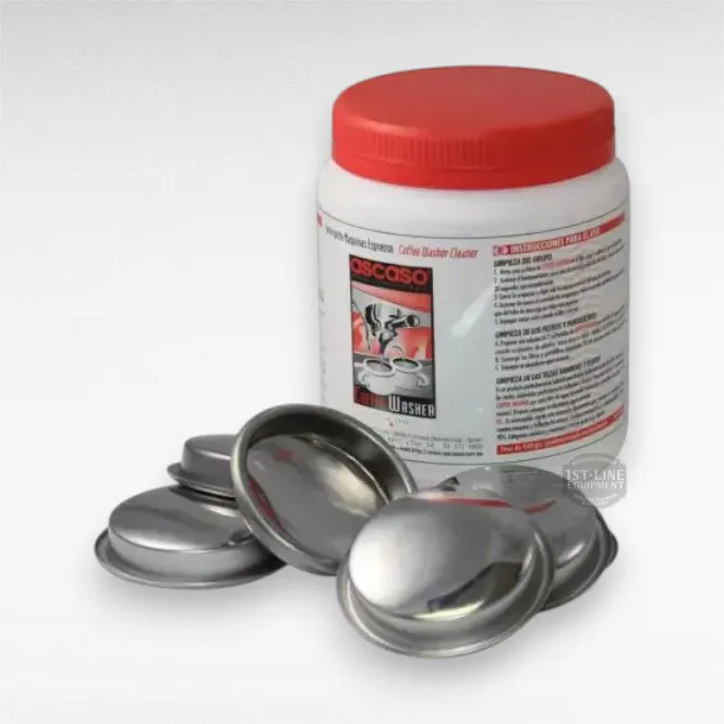 Backflush detergent a blind portafilters on a white background
