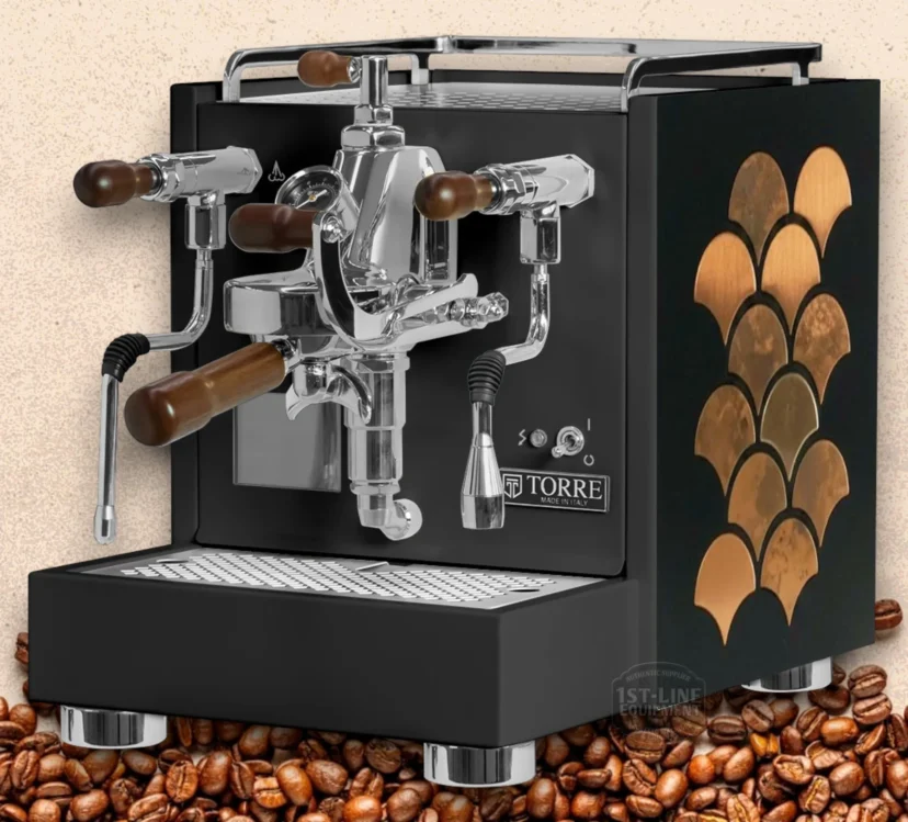 Torre Peppina EVO V2 Cafe Luxury Espresso Machine in Black with black Haute copper luxury Panels on coffee beans