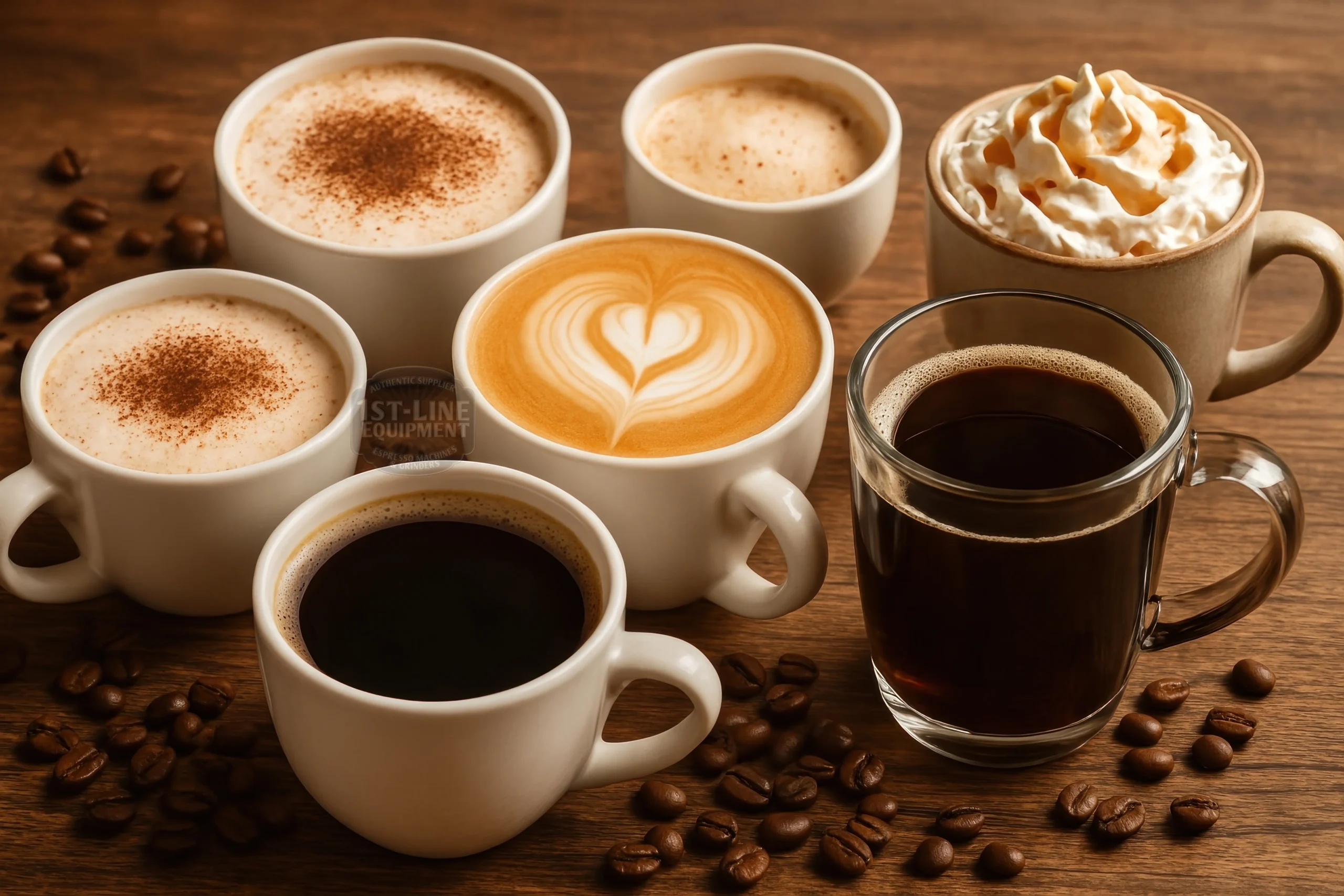 An assortment of different coffee and espresso drinks on a table with coffee beans