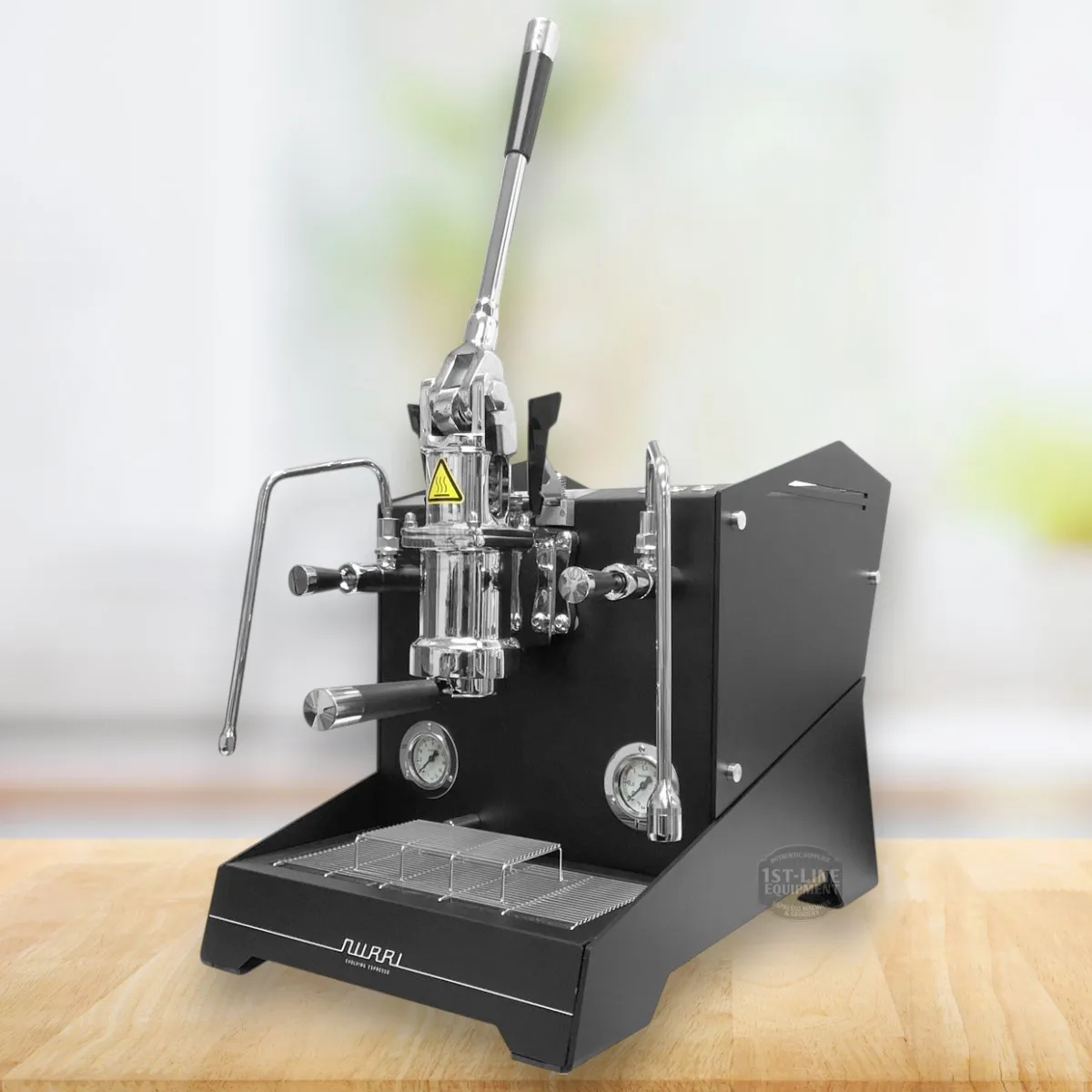 Nurri L-Type Dual Boiler Lever Espresso Machine for home and commercial use in black on wood countertop