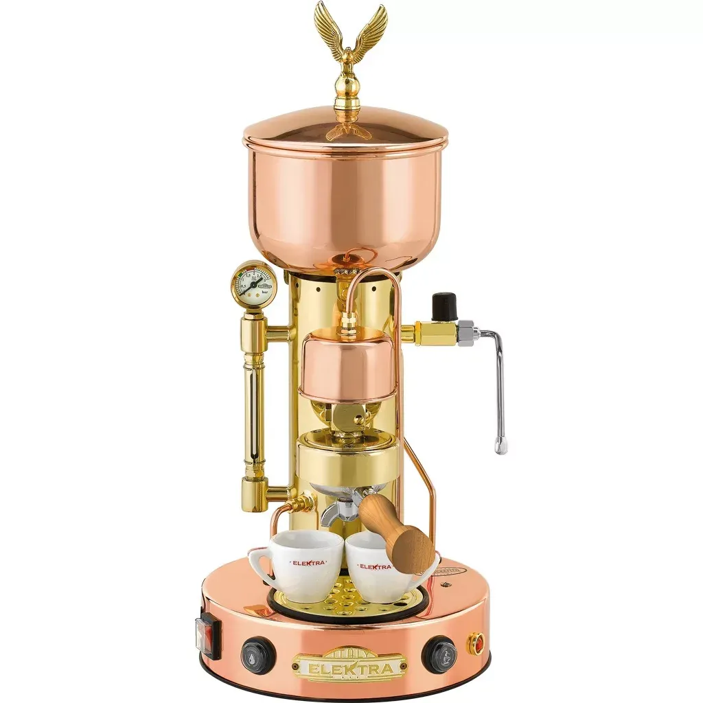 Elektra Microcasa Semiautomatica Espresso machine in copper and brass with an eagle on top
