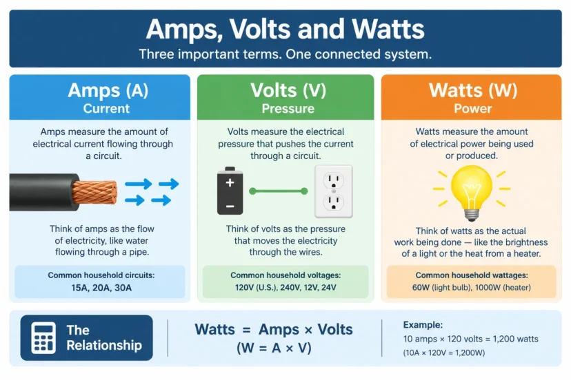 Amps volts and watts electrical power formula diagram