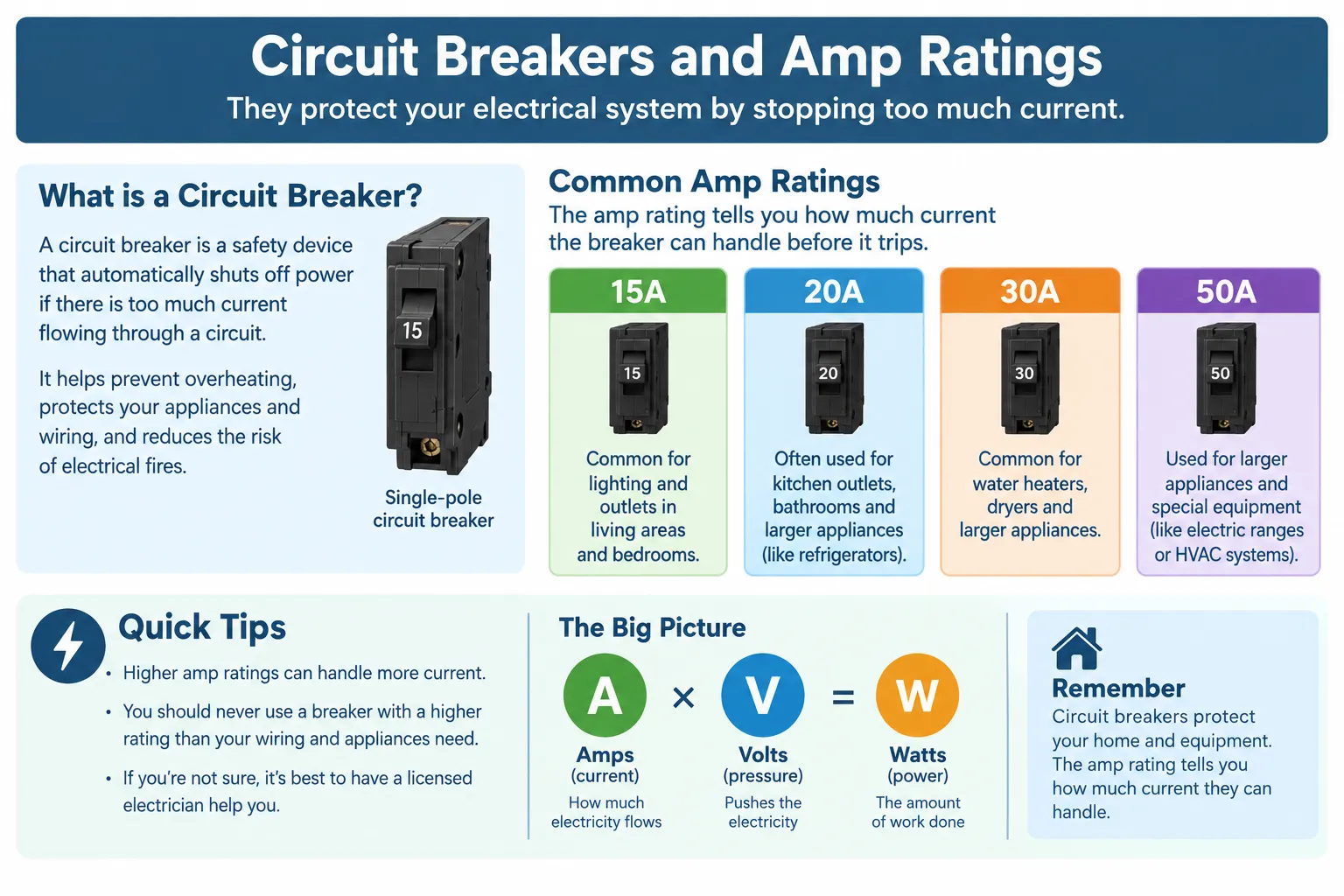 Circuit breaker panel with amp rating labels for appliance safety