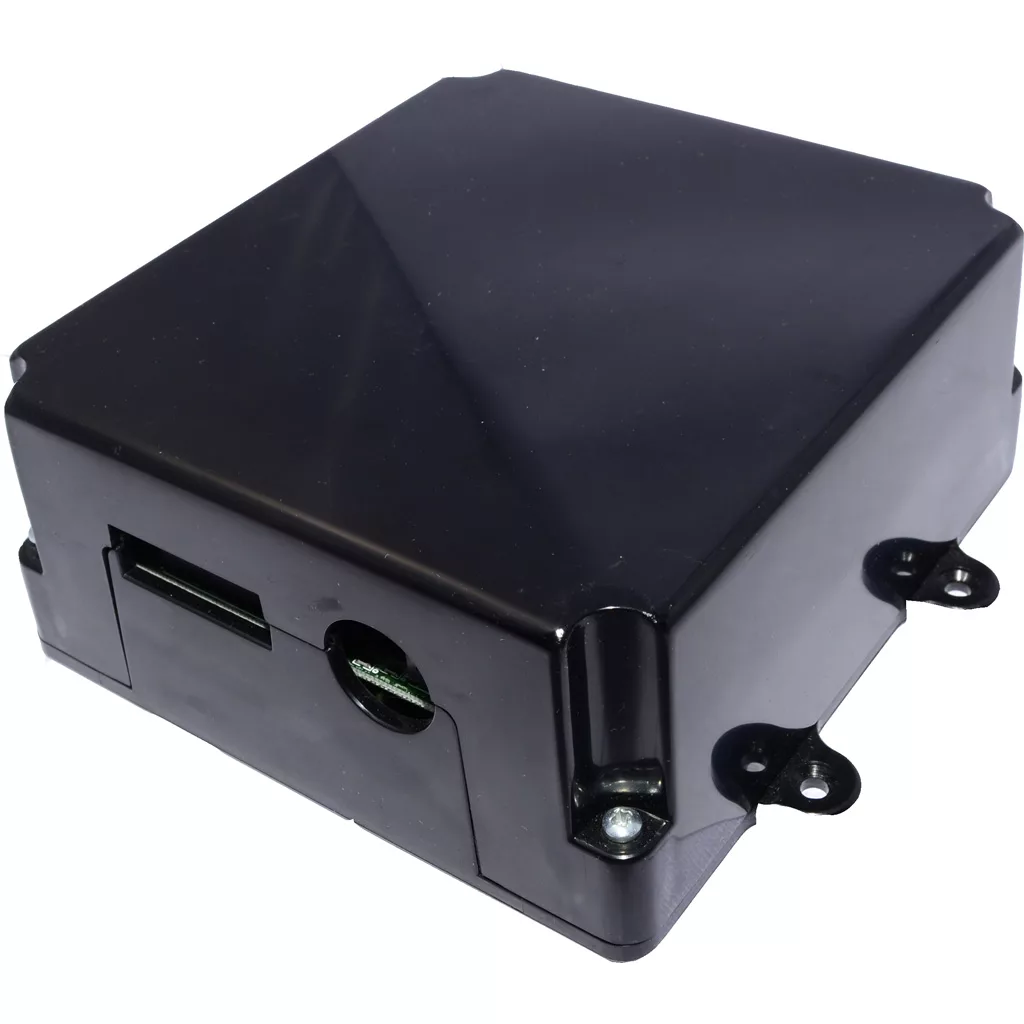 A black rectangular plastic Elektra 03219034 Control Box Assembly - 230V with flanged mounting tabs, a side slot, and a circular hole, shown on a white background. © 2025 1st-line.com