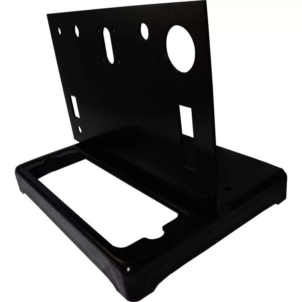 The Ponte Vecchio Frame - Lusso 1G is an upright black enclosure panel with multiple cutouts for switches, buttons, and connectors on a rectangular base, shown against a white background. © 2025 1st-line.com