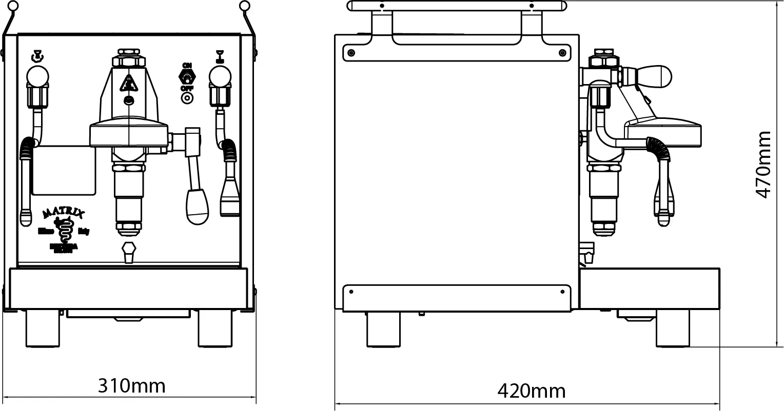 Line drawing of a Bezzera Matrix MN V2 Dual Boiler Espresso Machine, front and side views shown with controls, handles, spouts, gauges, and labeled dimensions: 310mm width, 420mm depth, 470mm height. 2025 1st-line.com