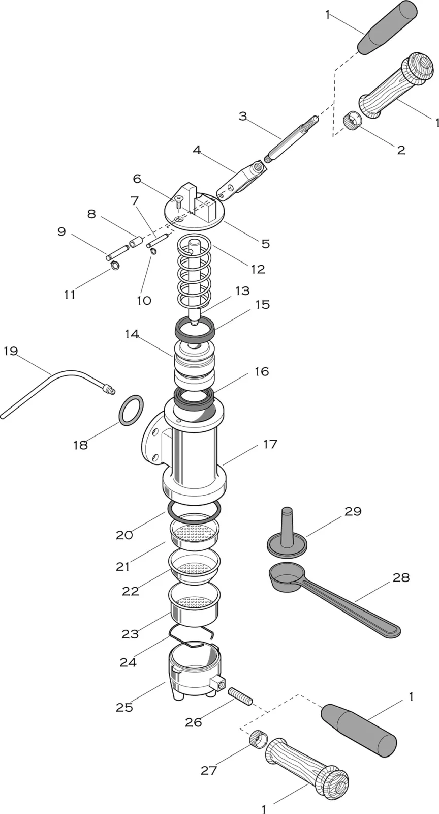 Exploded diagram of the Elektra Microcasa Leva Grouphead Maintenance Kit, displaying individual parts like springs, pistons, seals, oil, and connectors—numbered and ordered for easy assembly reference during grouphead maintenance. © 2025 1st-line.com