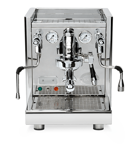The DISCONTINUED ECM Technika V Profi HX Espresso Machine in stainless steel features dual gauges, steam and hot water wands, and a cup tray, shown on a plain white background. © 2025 1st-line.com