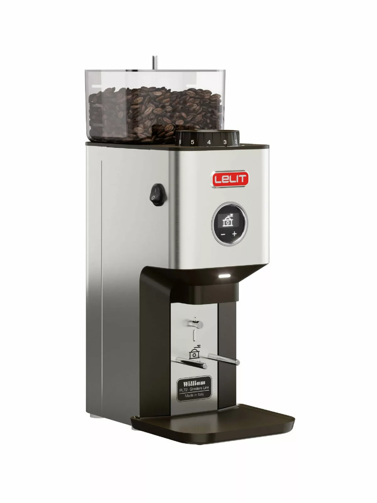 The discontinued Lelit William PL72 doserless stepped espresso coffee grinder features 64mm flat burrs, a silver and black design, transparent bean hopper, digital display, and the Lelit logo on the front. © 2025 1st-line.com