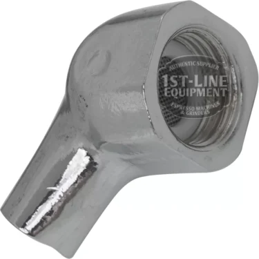 Close-up of the V..418 3/8" Checking Fitting, a shiny silver espresso adapter with hexagonal base and angled spout—ideal for connecting a portafilter to an optional brew pressure gauge. Some internal mesh is visible in the opening. © 2025 1st-line.com