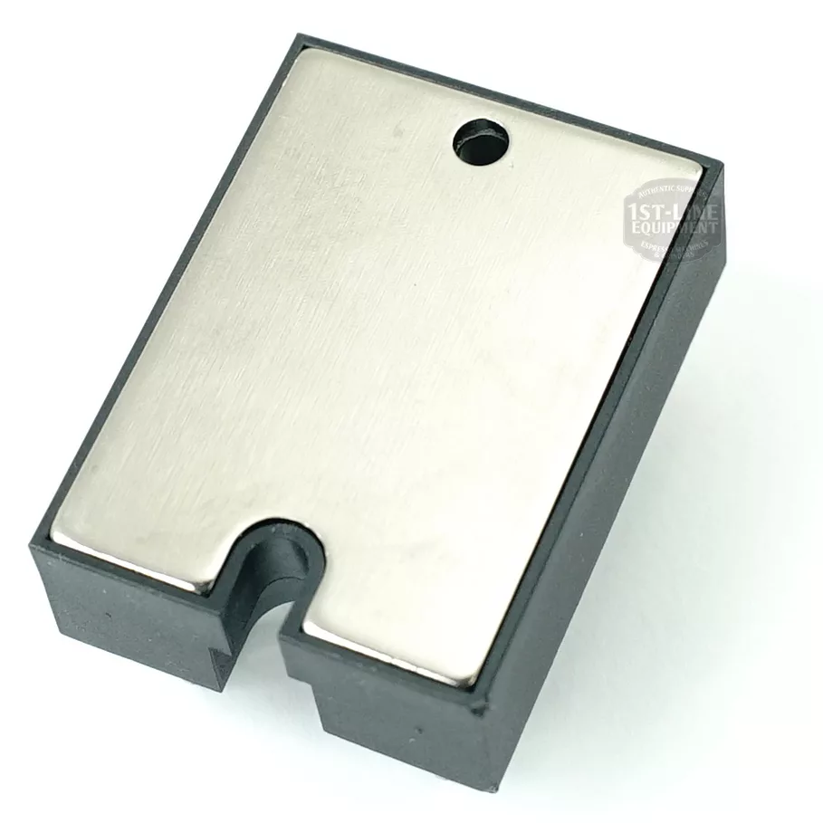 The DISCONTINUED ECM P6029 Solid State Relay is a rectangular metal and black plastic part with a hole and notch on one side, shown against a white background. © 2025 1st-line.com
