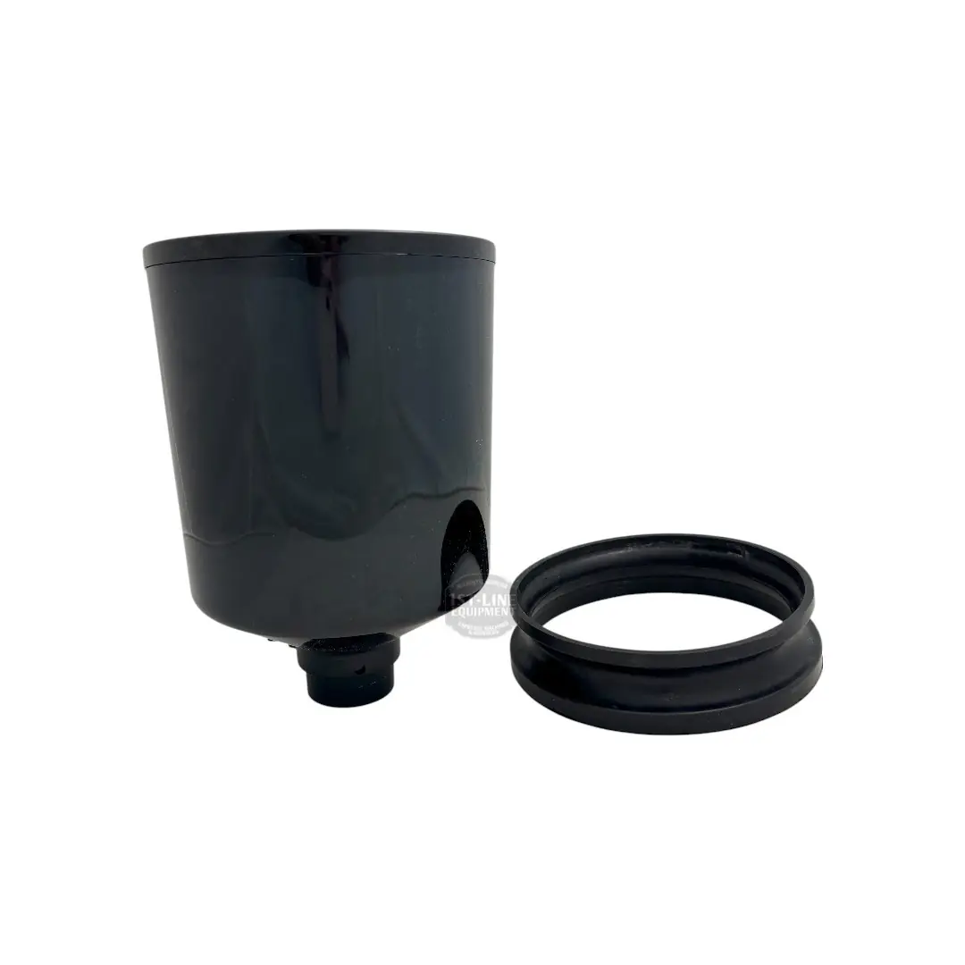 A Eureka Zenith Hopper Blow Up Retention System in black plastic, cup-shaped with a small bottom opening, is shown with a matching black screw-on ring on a plain white background. © 2025 1st-line.com