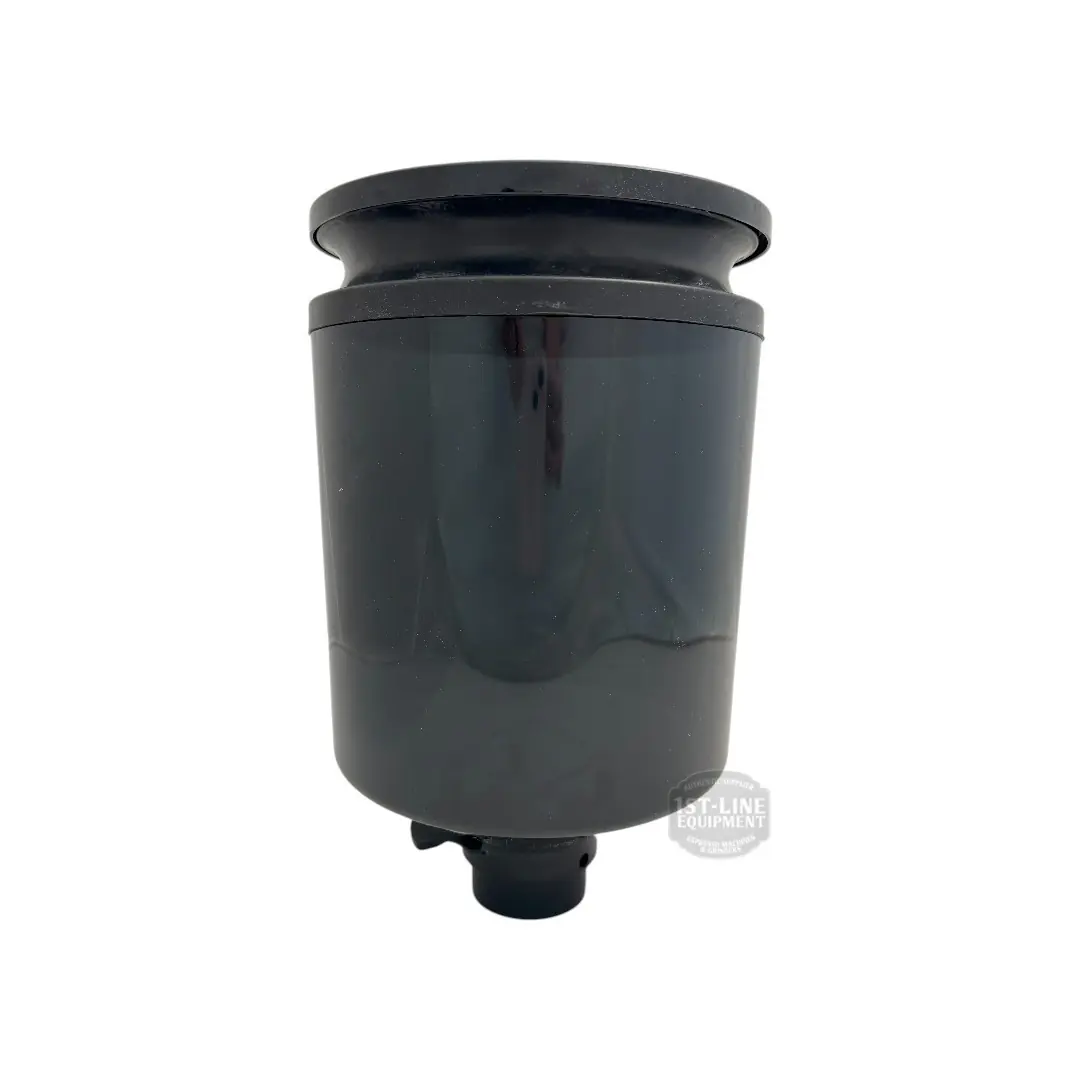 The Eureka Zenith Hopper Blow Up Retention System is a black cylindrical air filter with a wide top rim and small bottom connector, designed for use with Eureka Zenith machines and shown against a white background. © 2025 1st-line.com