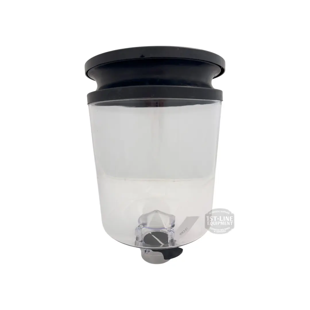 The Eureka Zenith Hopper Blow Up Retention System is a clear plastic container with a black lid and bottom spout, designed for easy dispensing and ideal as a replacement hopper for Eureka Zenith models. © 2025 1st-line.com