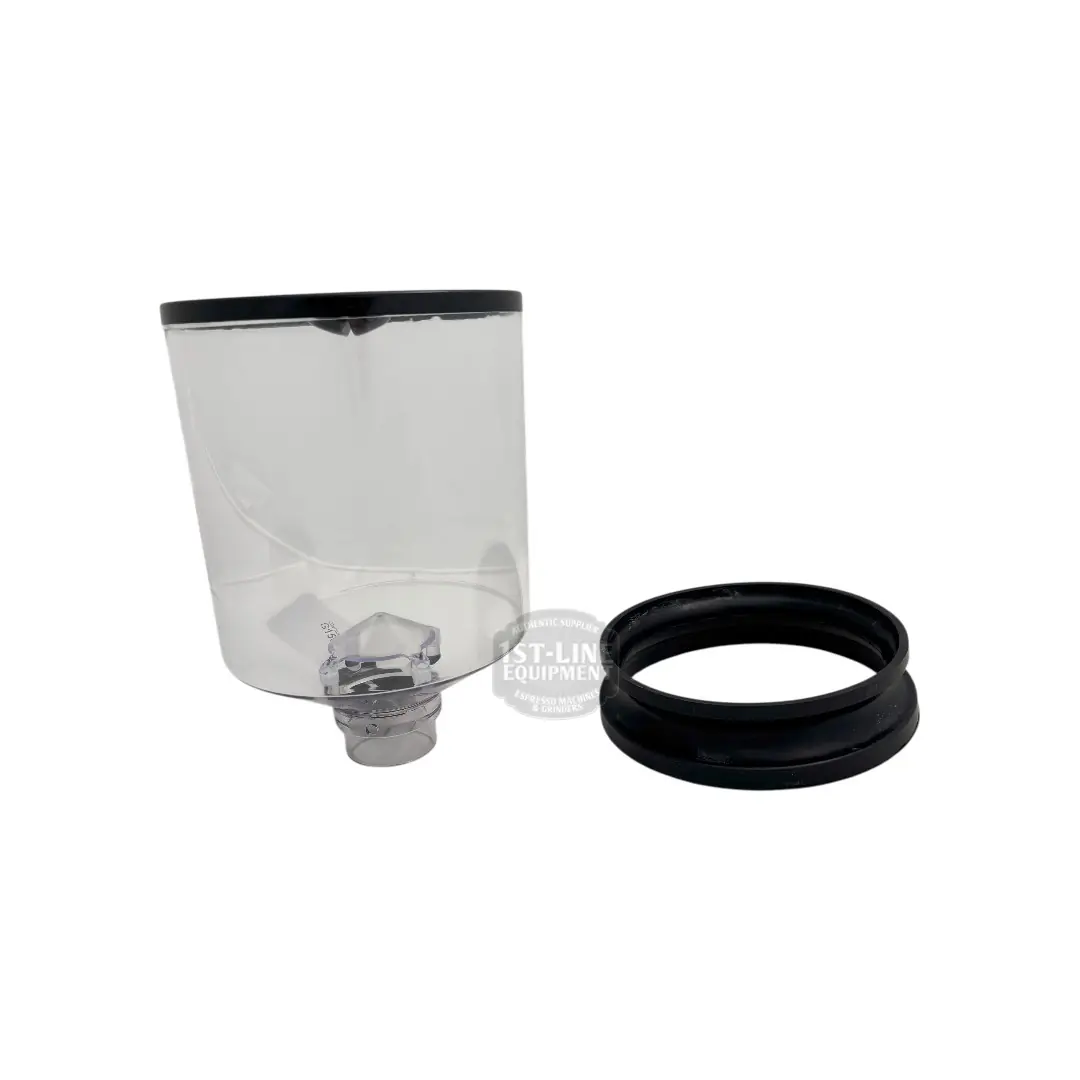 The Eureka Zenith Hopper Blow Up Retention System, a transparent plastic container with a bottom spout and separate black screw-on lid, is shown on a white background—designed for use with Eureka Zenith grinders. © 2025 1st-line.com