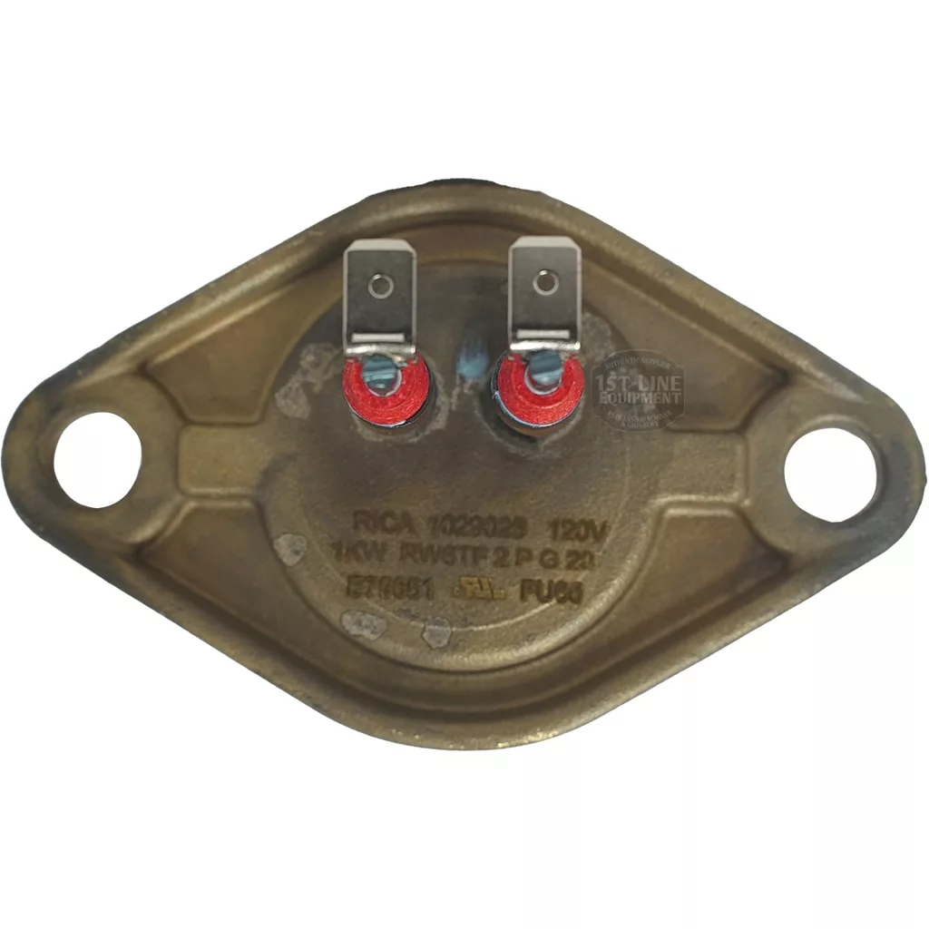 The Elektra 06520035 120V Heating Element is a metallic, oval-shaped unit with two vertical terminals secured by red nuts, mounting holes on each side, and technical specifications engraved on its surface. © 2025 1st-line.com