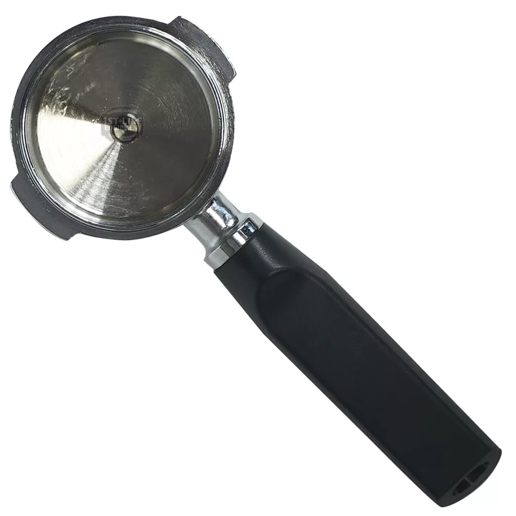 A Futurmat 2 CUP NEW ARIETE / RIMINI FILTERHOLDER portafilter with a black handle, seen from above and isolated on a white background. © 2025 1st-line.com
