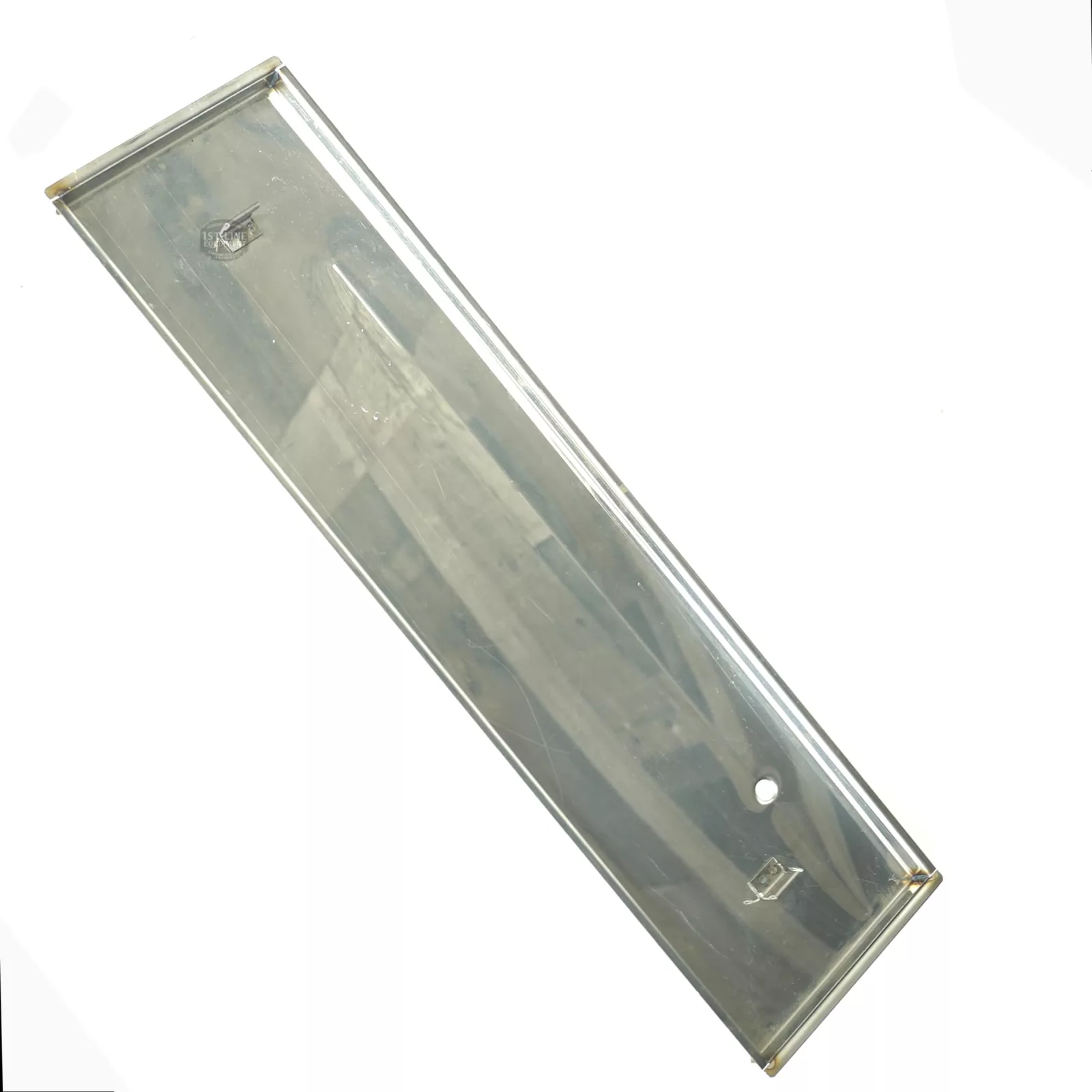 The Faema F.1528 DRIP TRAY STAR-TRONIC 2 GROUPS Stainless Steel, a rectangular tray with raised edges and a hole near one end, is shown on a white background. © 2025 1st-line.com