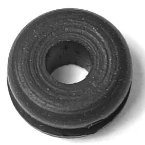 A black Mazzer rubber grommet with a central hole, seen from above. Its lightly textured surface and circular ridges make it ideal for use with the Mazzer S000PAB05/QQQ Cable Lock system. © 2025 1st-line.com