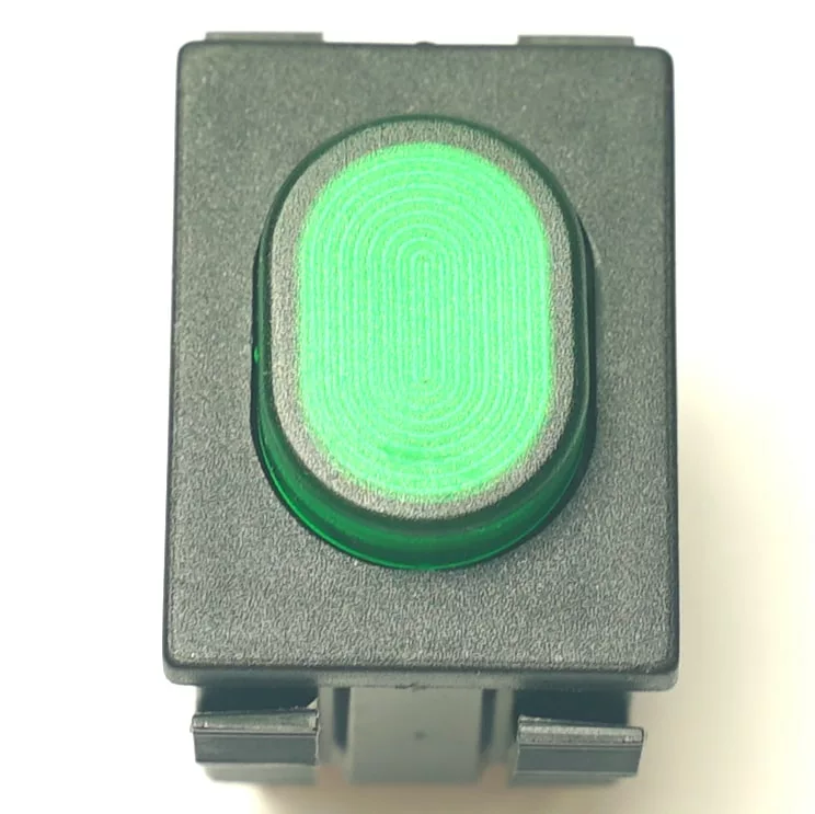 A rectangular black electronic switch with a large green, oval fingerprint button sits beside the V.4293 YELLOW PUSH SWITCH. © 2025 1st-line.com