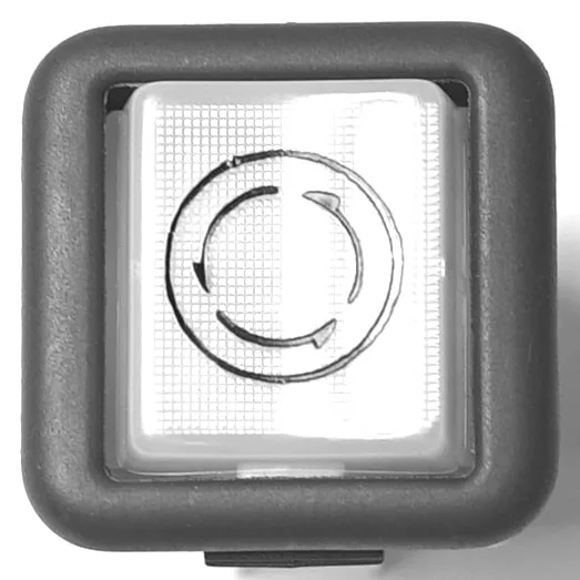 The V.4417 WHITE INDICATOR LIGHT is a square black button with a white center and circular arrow symbol, indicating recirculation or refresh functions. © 2025 1st-line.com