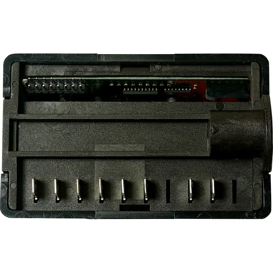 Rectangular black Gicar ACS Minima Brain Unit MIN1021 with visible metal pins, a circuit board with microchip, and an empty battery compartment shown from above on a white background. © 2025 1st-line.com