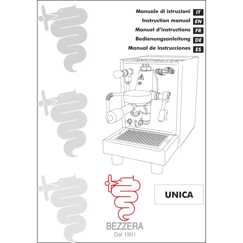 Black and white cover page of the UNICA Instruction Manual for the Bezzera Unica espresso machine, featuring a line drawing of the machine and a red logo. Instructions are listed in Italian, English, French, German, and Spanish.